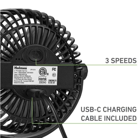 Holmes 4" On-The-Go Portable Clip Rechargeable Battery 360° Rotation Fan Black - Picture 8 of 10